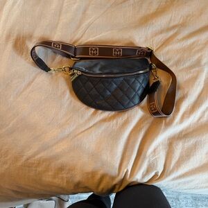 Black Quilted Crossbody Bag with Brown Strap